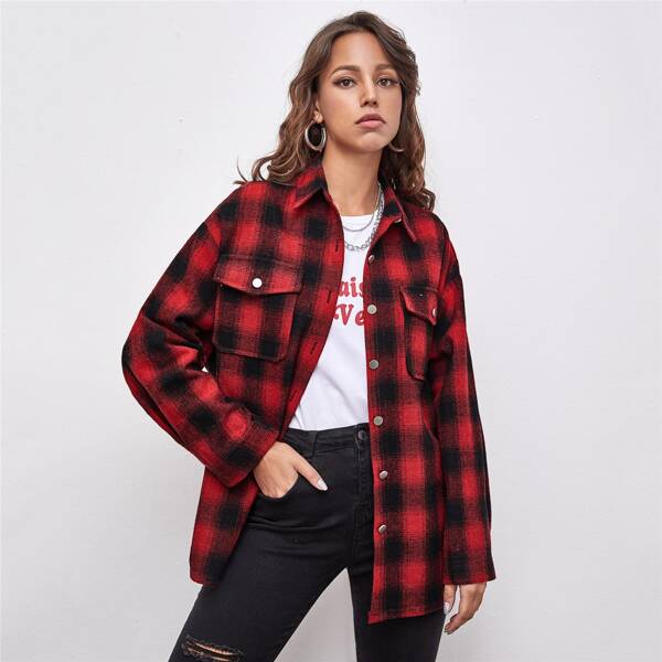 

Plaid Flap Pocket Button Up Overcoat, Multicolor