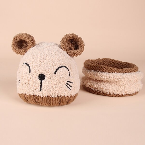 

2pcs Baby Cartoon Design Hat & Infinity Scarf, Beige