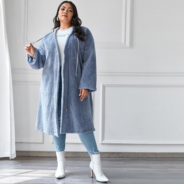 

Drop Shoulder Contrast Drawstring Hooded Zipper Placket Flannel Coat, Dusty blue