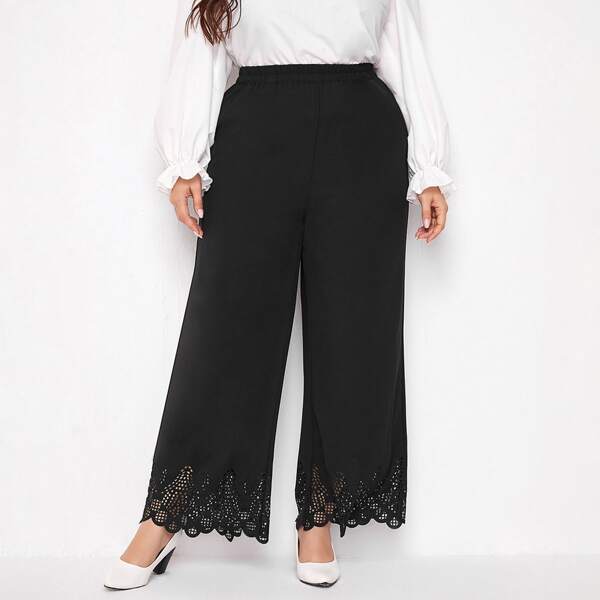 

Plus Laser Cut Out Scallop Wide Leg Pants, Black
