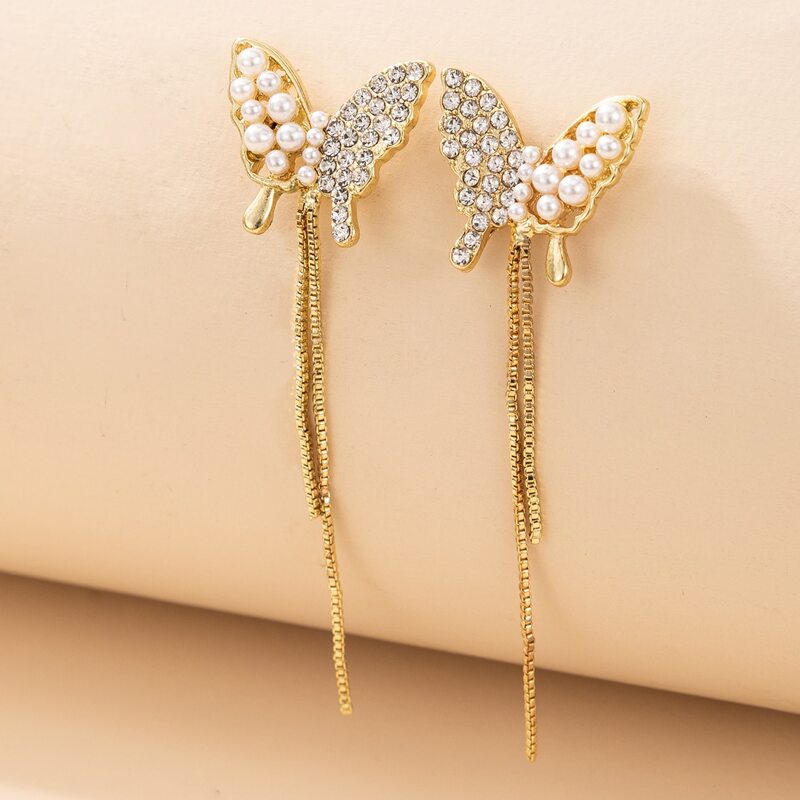 

Faux Pearl & Rhinestone Decor Butterfly Design Drop Earrings, Gold