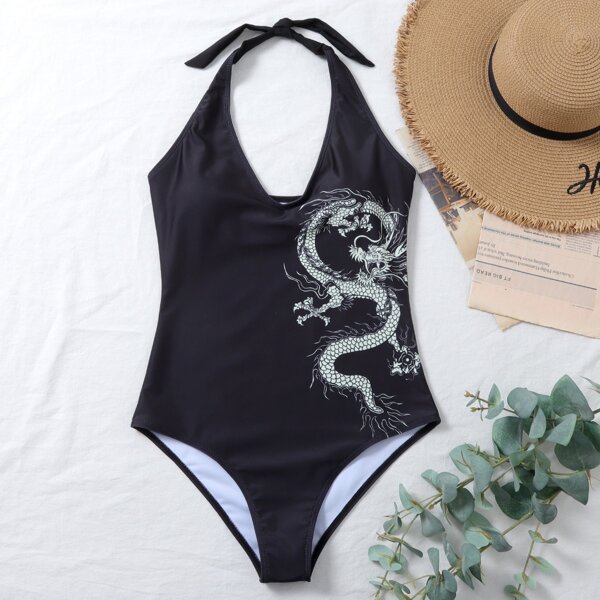 

Chinese Dragon Halter One Piece Swimsuit, Black