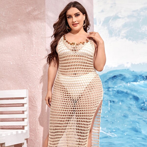 

Plus Crochet Cut-out Slit Cover Up, Apricot