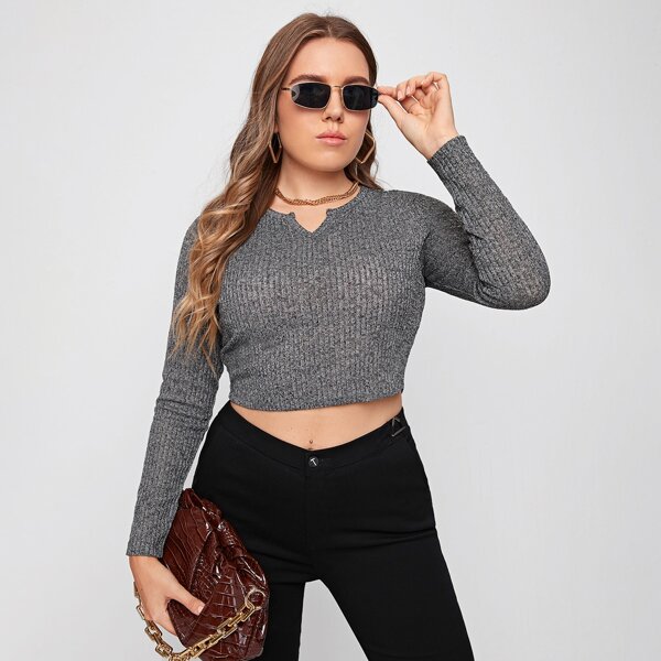 

Plus Notch Neck Crop Tee, Grey