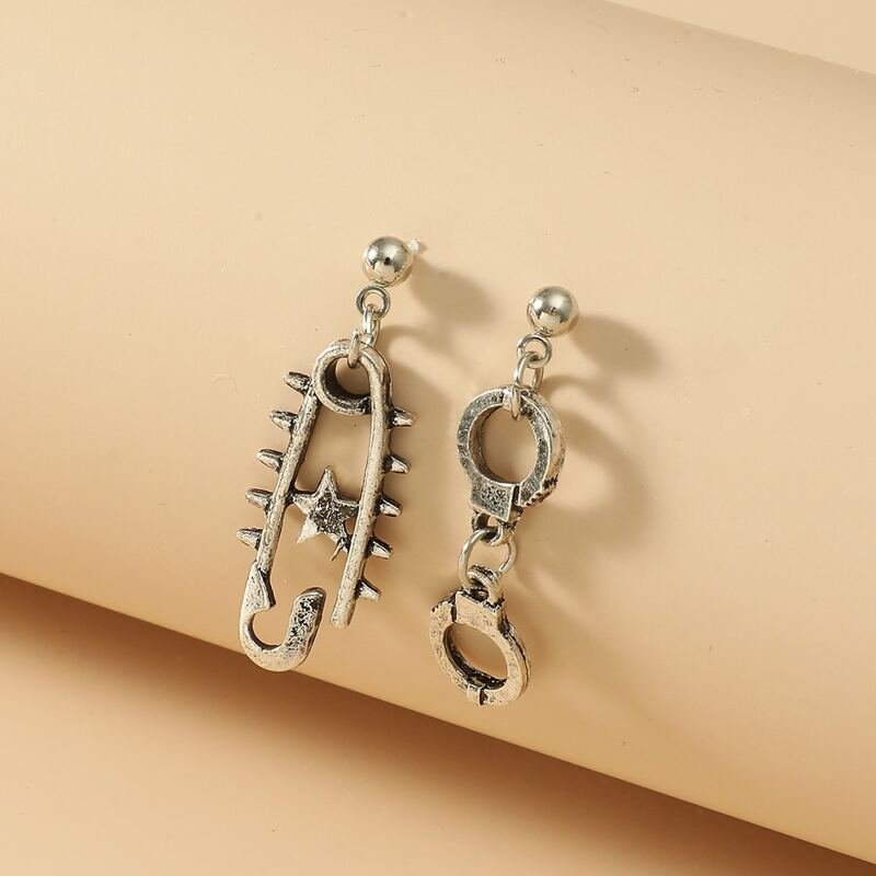 

Star Decor Safety Pin Charm Drop Earrings, Silver