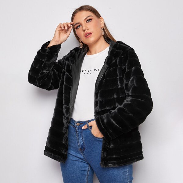 

Plus Zip Up Faux Fur Hooded Coat, Black