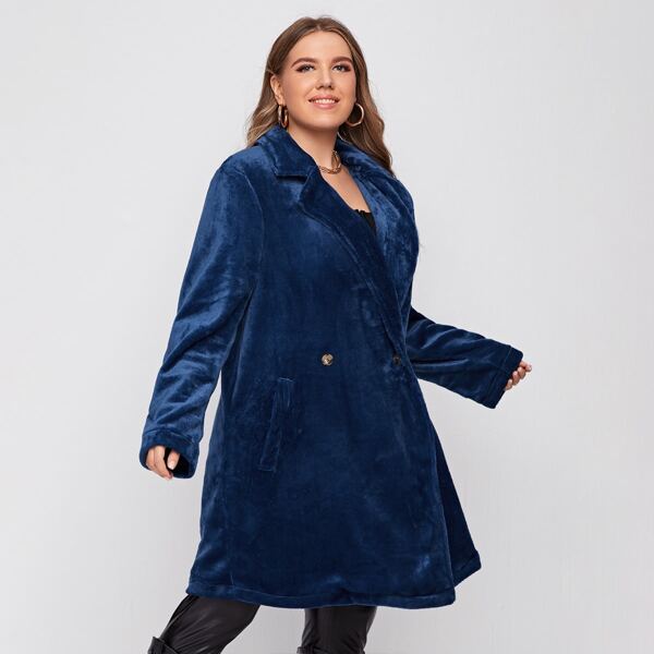 

Plus Lapel Collar Double Button Flannel Coat, Navy blue