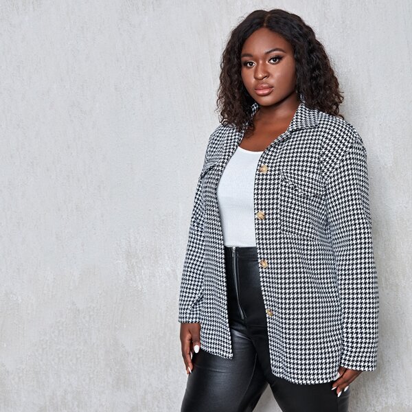 

Plus Houndstooth Flap Pocket Button Front Coat, Black and white