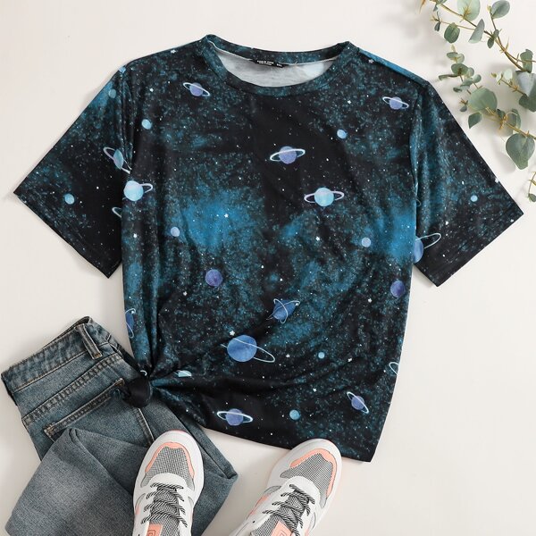 

Plus Galaxy Print Round Neck Tee, Teal blue