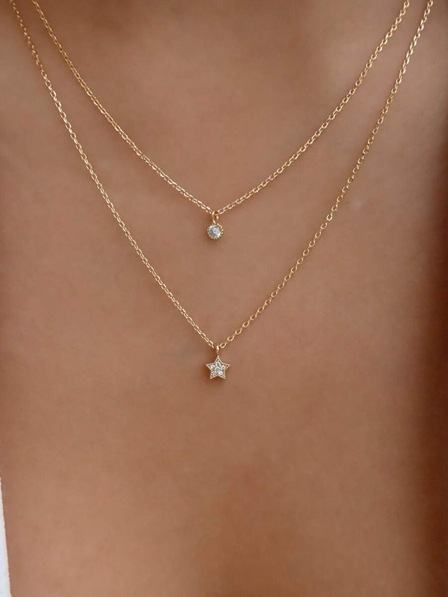 Rhinestone Decor Star Charm Layered Necklace - Yellow Gold - View 1