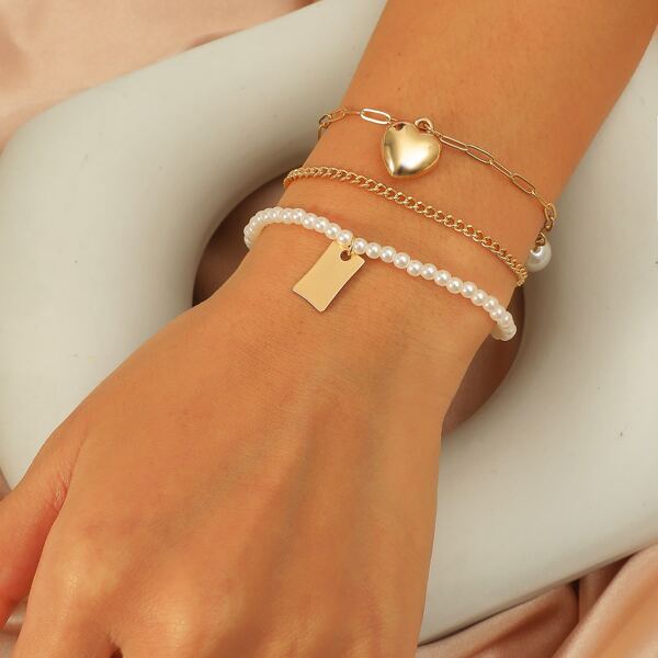 

Faux Pearl Decor Heart Charm Bracelet, Multicolor