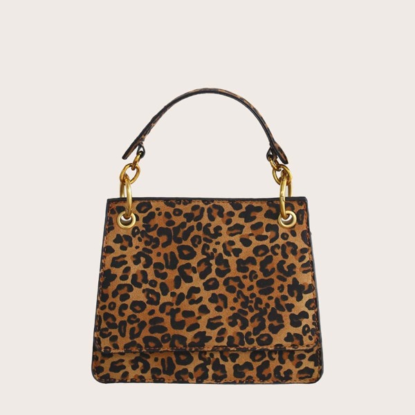 

Leopard Print Chain Satchel Bag, Brown
