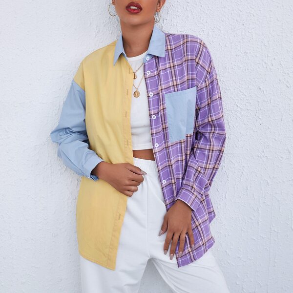 

Pocket Patched Tartan Panel Colorblock Blouse, Multicolor