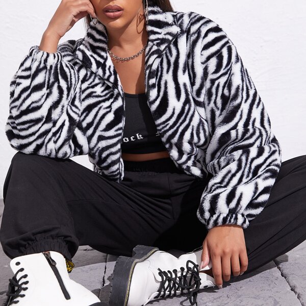 

Drop Shoulder Zebra Striped Fuzzy Coat, Black and white