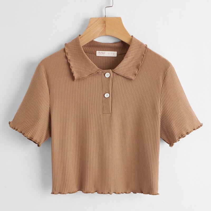 

Solid Polo Lettuce Trim Crop Tee, Coffee brown