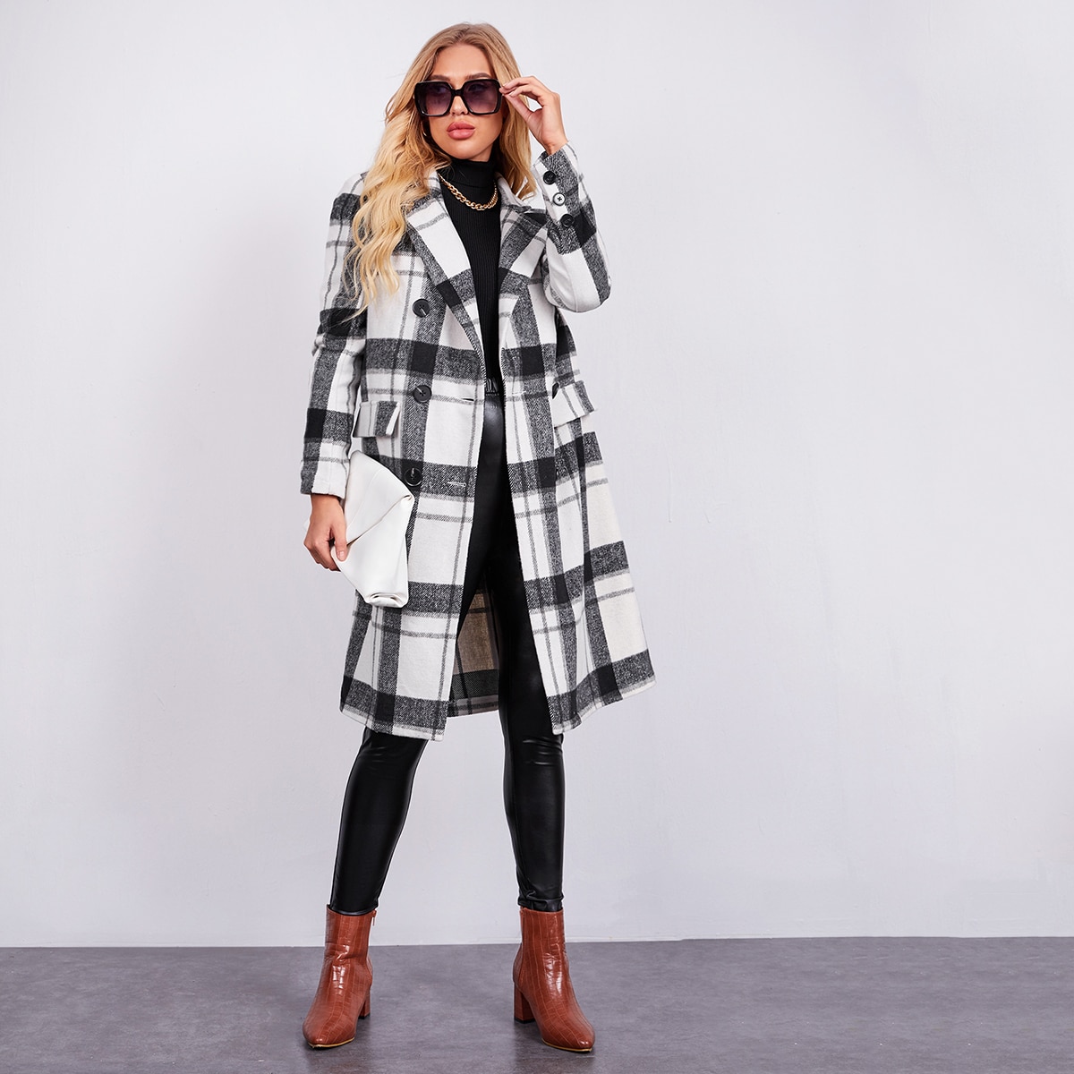 Image of Notch Collar Double Button Plaid Pea Overcoat