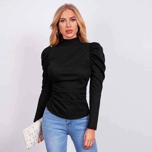 

Mock-neck Gigot Sleeve Ruched Top, Black