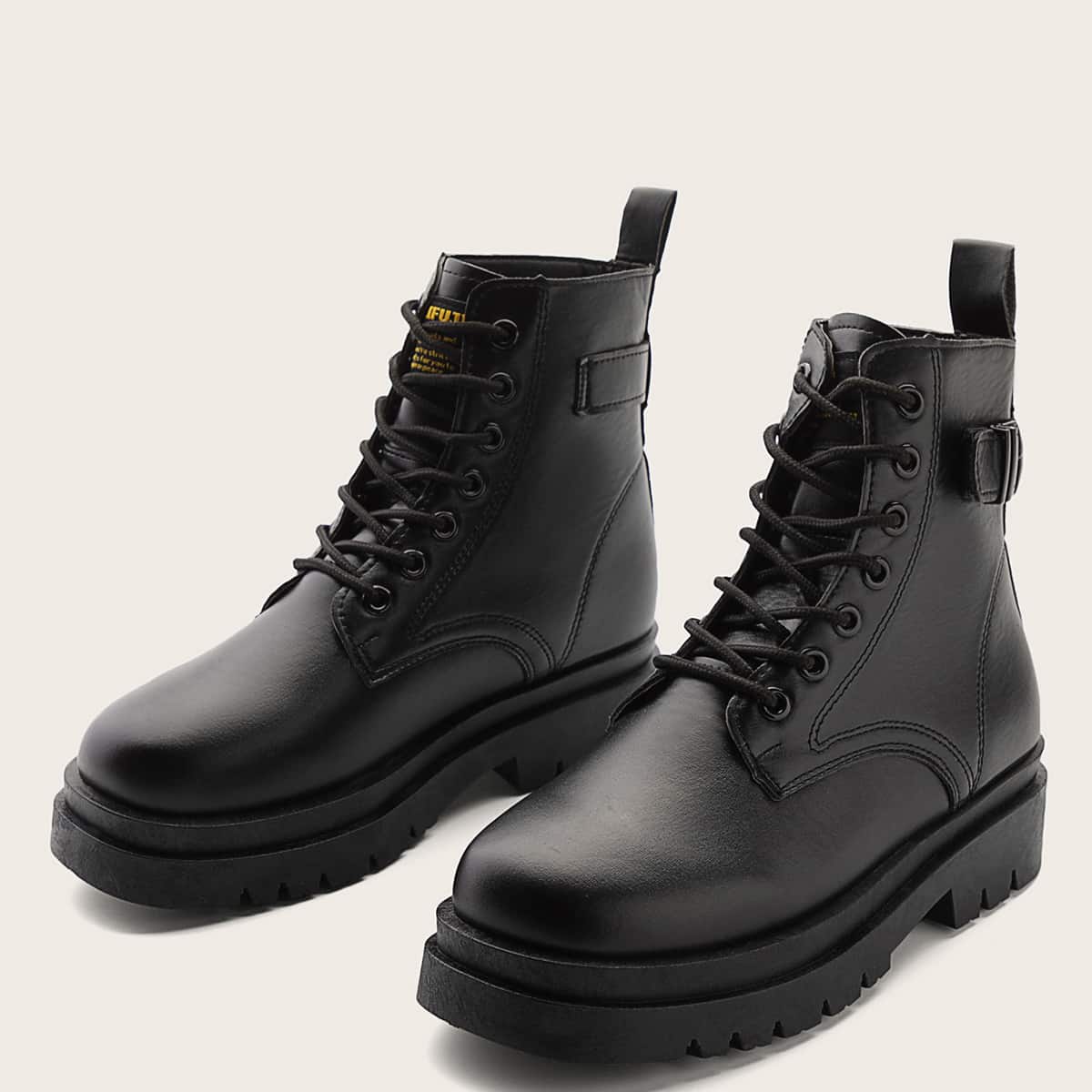 

Buckle Decor Lace-up Front Combat Boots, Black