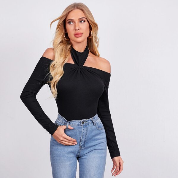 

Twist Detail Halter Off Shoulder Tee, Black