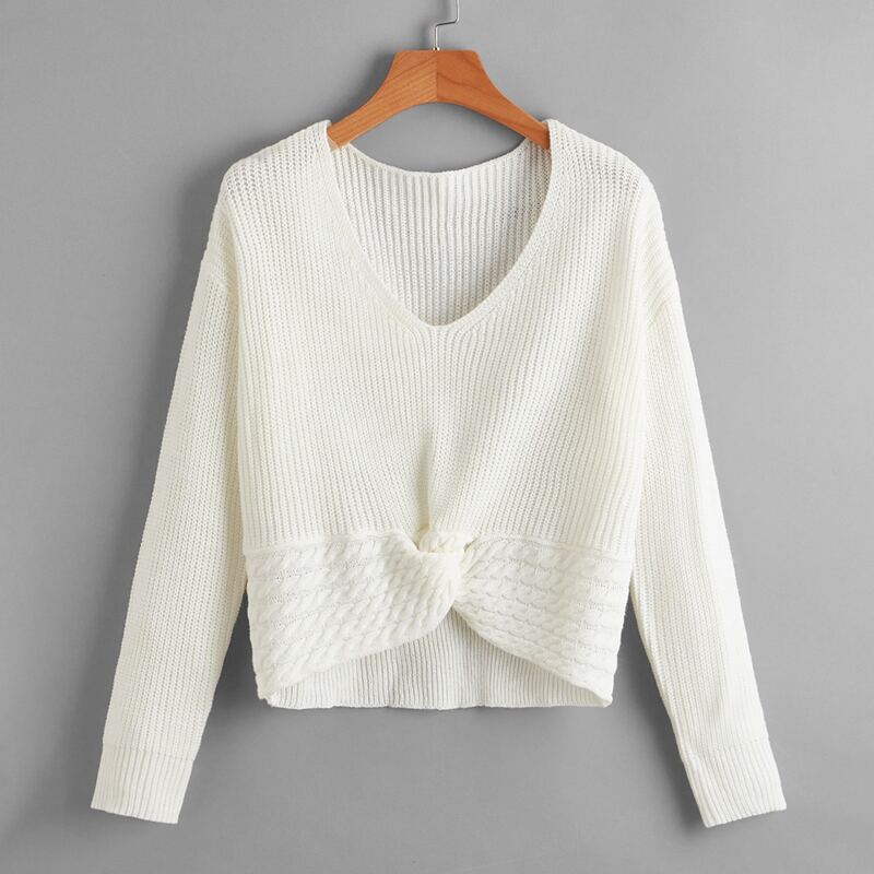 

V Neck Twist Front Sweater, Beige