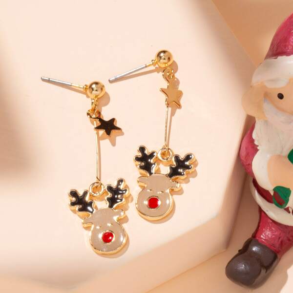 

Christmas Deer Charm Drop Earrings, Gold