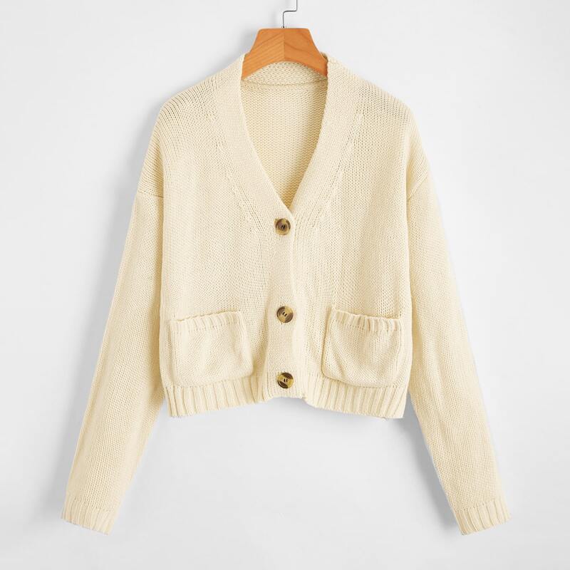 

Solid Button Front Pocket Cardigan, Beige