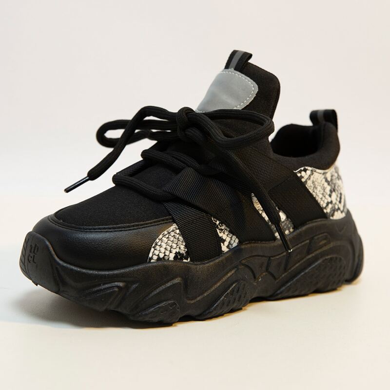 

Snakeskin Print Lace Up Chunky Sneakers, Black