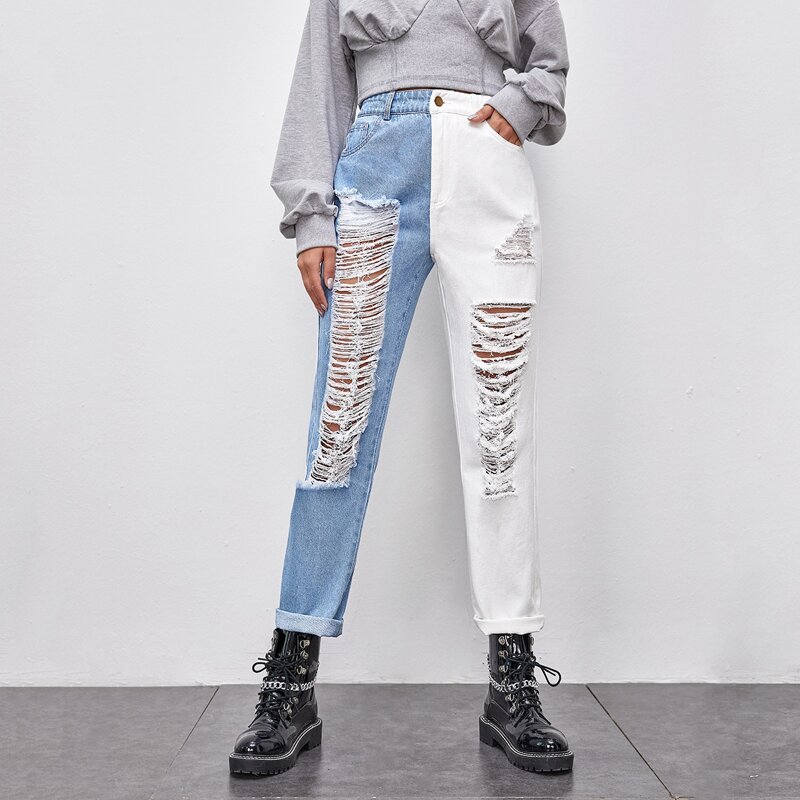 

High Waist Two Tone Ripped Straight Jeans, Multicolor