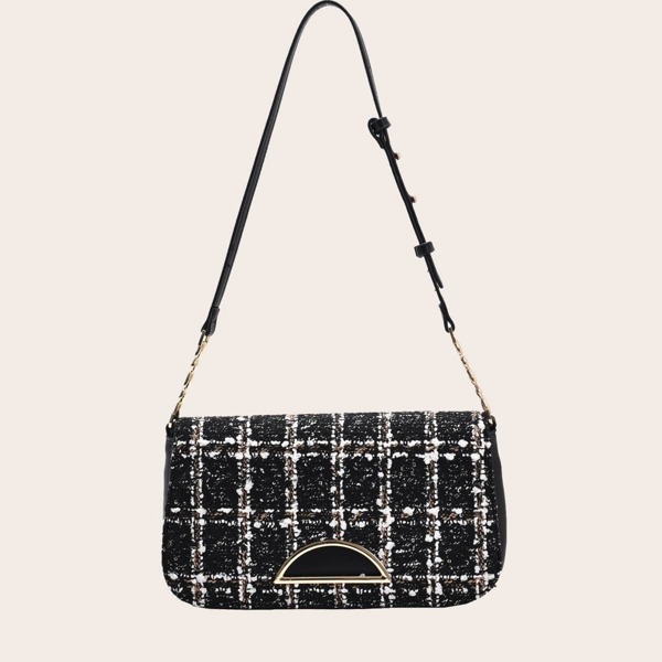 

Metal Decor Plaid Baguette Bag, Black
