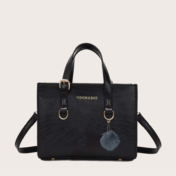 

Pom-pom Charm Satchel Bag, Black