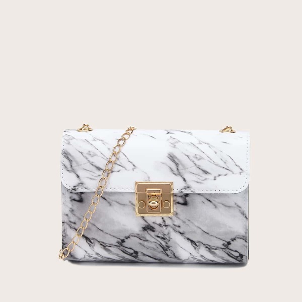 

Marble Print Chain Crossbody Bag, White