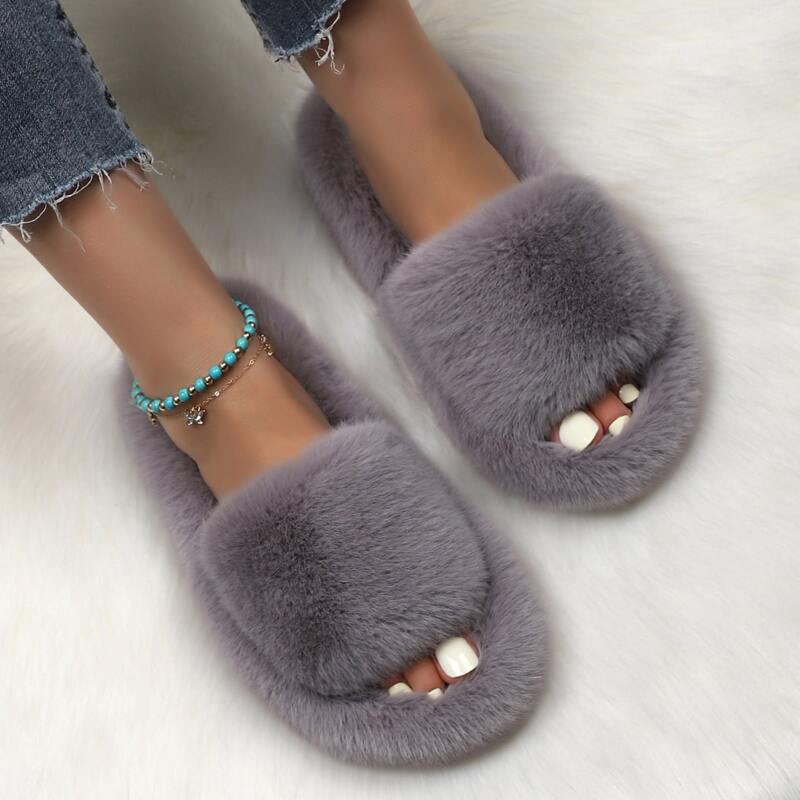 

Faux Fur Wide Fit Slippers, Grey
