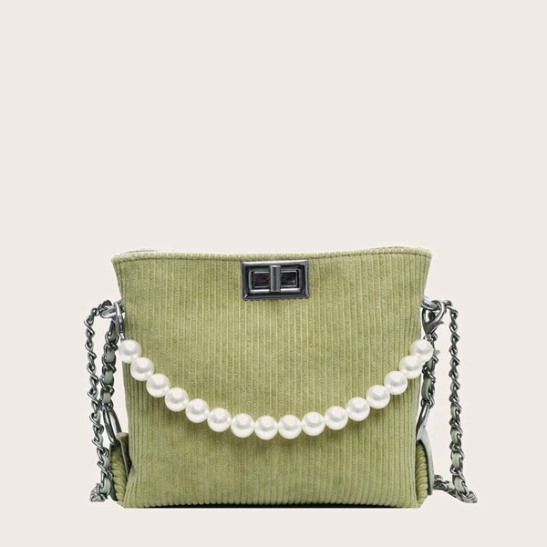 

Faux Pearl Handle Corduroy Satchel Bag, Green