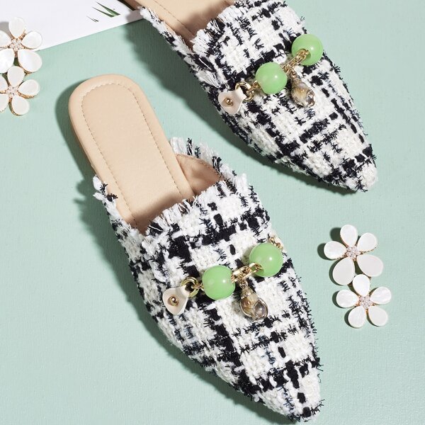 

Beaded Decor Wide Fit Loafer Mules, Black and white