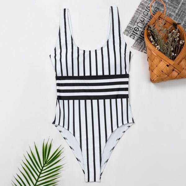 

Striped One Piece Swimsuit, Black and white