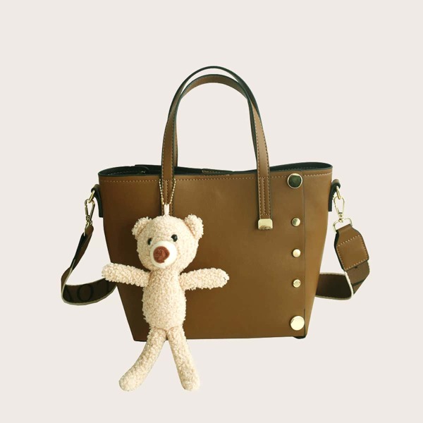 

Plush Bear Charm Satchel Bag, Khaki