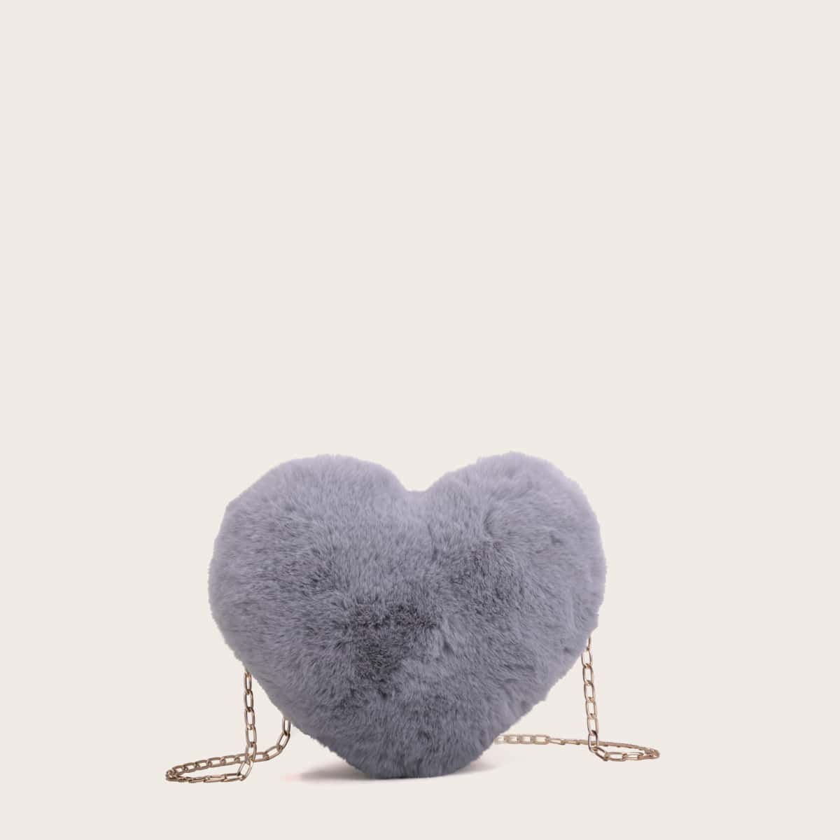 

Heart Shaped Fuzzy Chain Bag, Grey