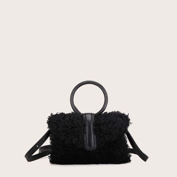 

Round Handle Fluffy Satchel Bag, Black