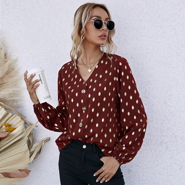

Button Front Gold Dot Print Blouse, Burgundy