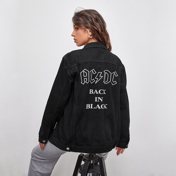 

Letter Graphic Flap Pocket Denim Jacket, Black