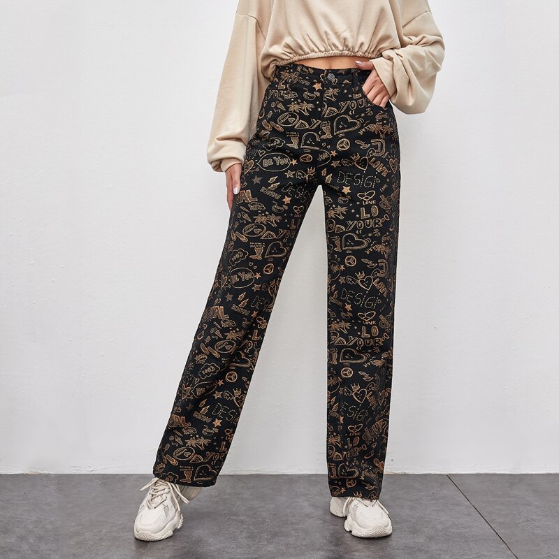 

High Waist Letter & Geometric Print Straight Jeans, Multicolor