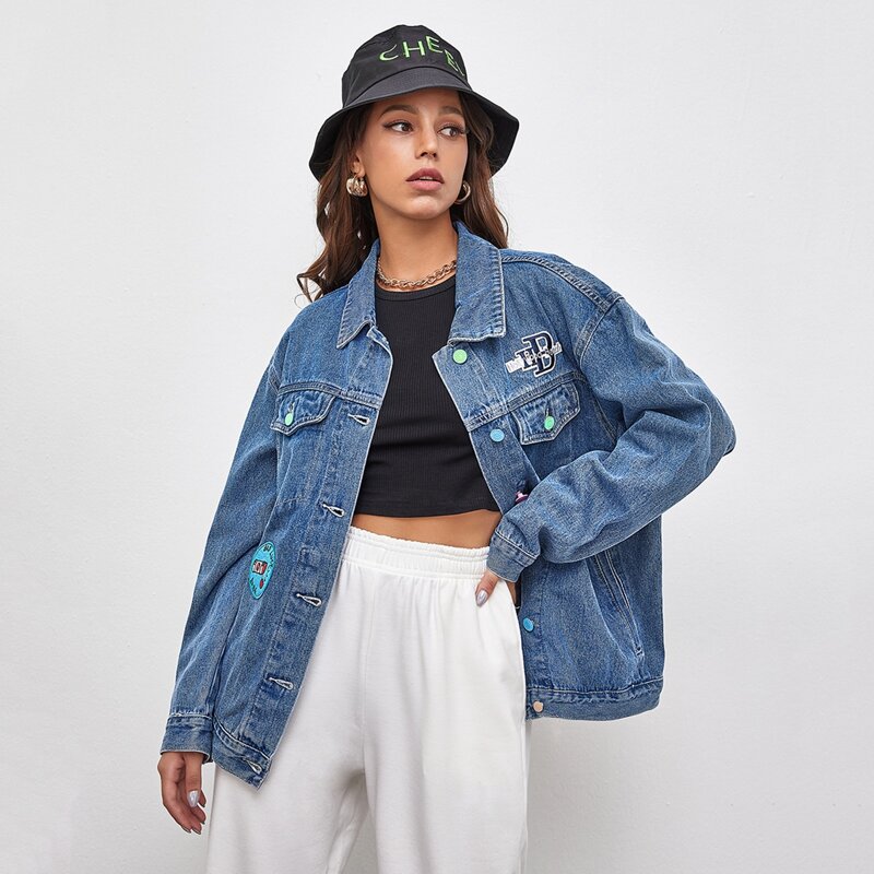 

Badge Patched Button Front Denim Jacket, Medium wash