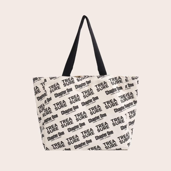 

Allover Letter Graphic Tote Bag, Beige