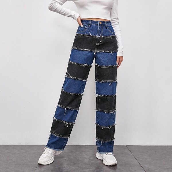

Two Tone Fringe Raw Hem Straight Leg Jeans, Multicolor