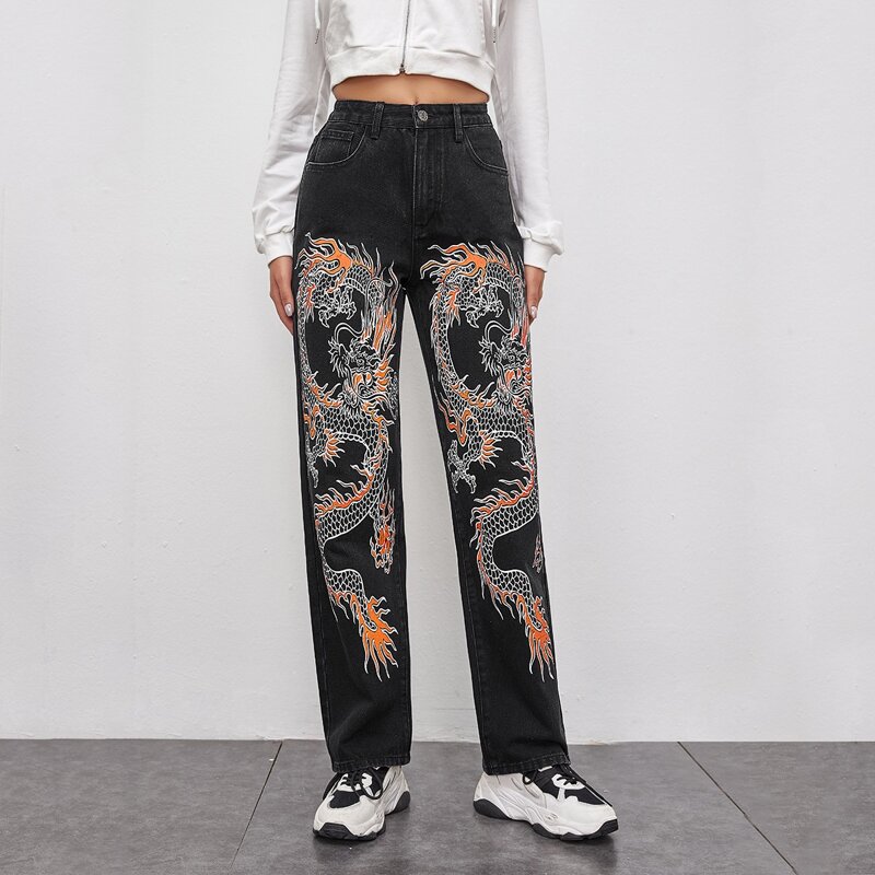 

Chinese Dragon Graphic Straight Jeans, Black