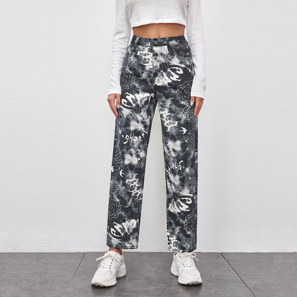

Letter Graphic Tie Dye Straight Jeans, Multicolor