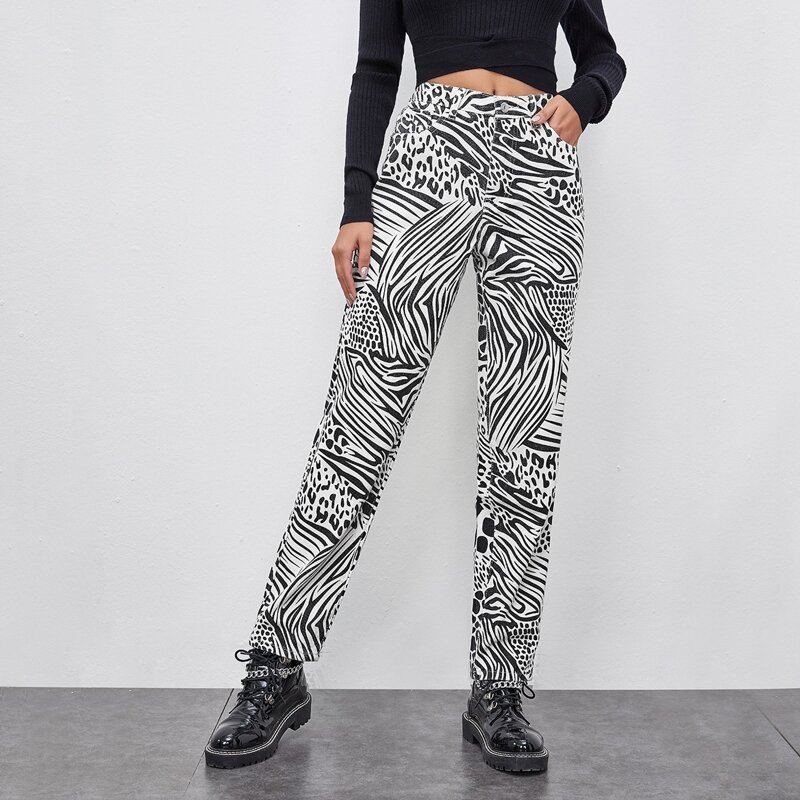 

Slant Pocket Mixed Animal Print Straight Jeans, Black and white