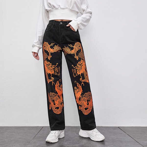 

Chinese Dragon Graphic Slant Pocket Straight Jeans, Black