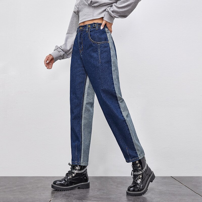 

Button Waist Colorblock Mom Jeans, Multicolor