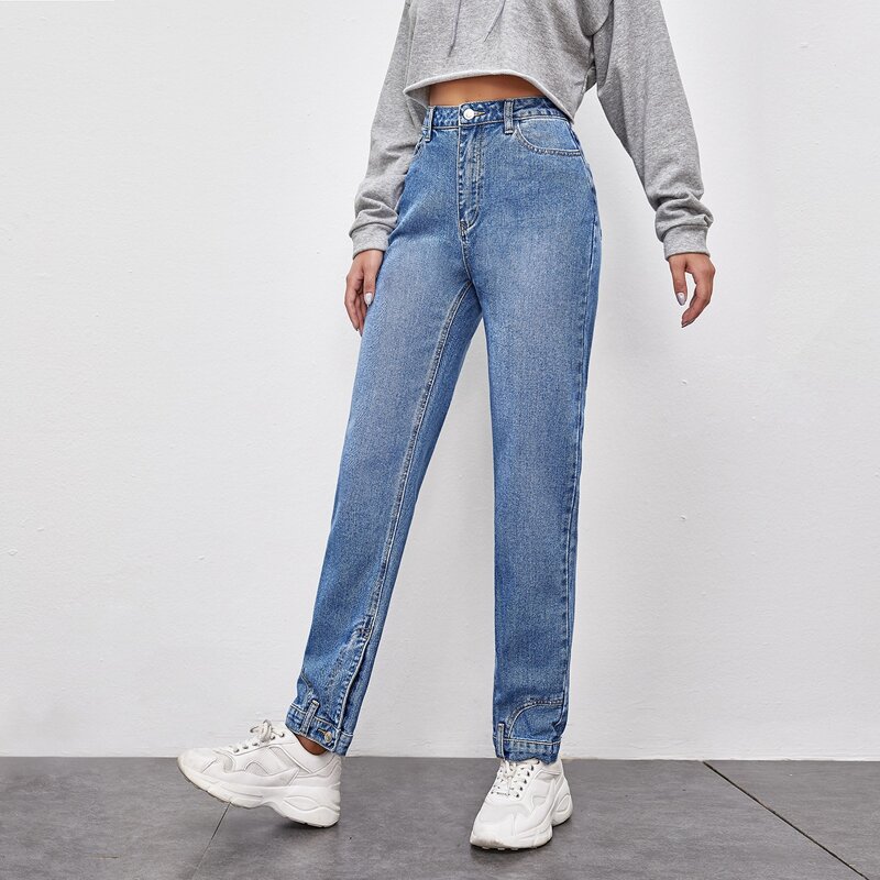 

High Waist Slant Pocket Straight Jeans, Light wash